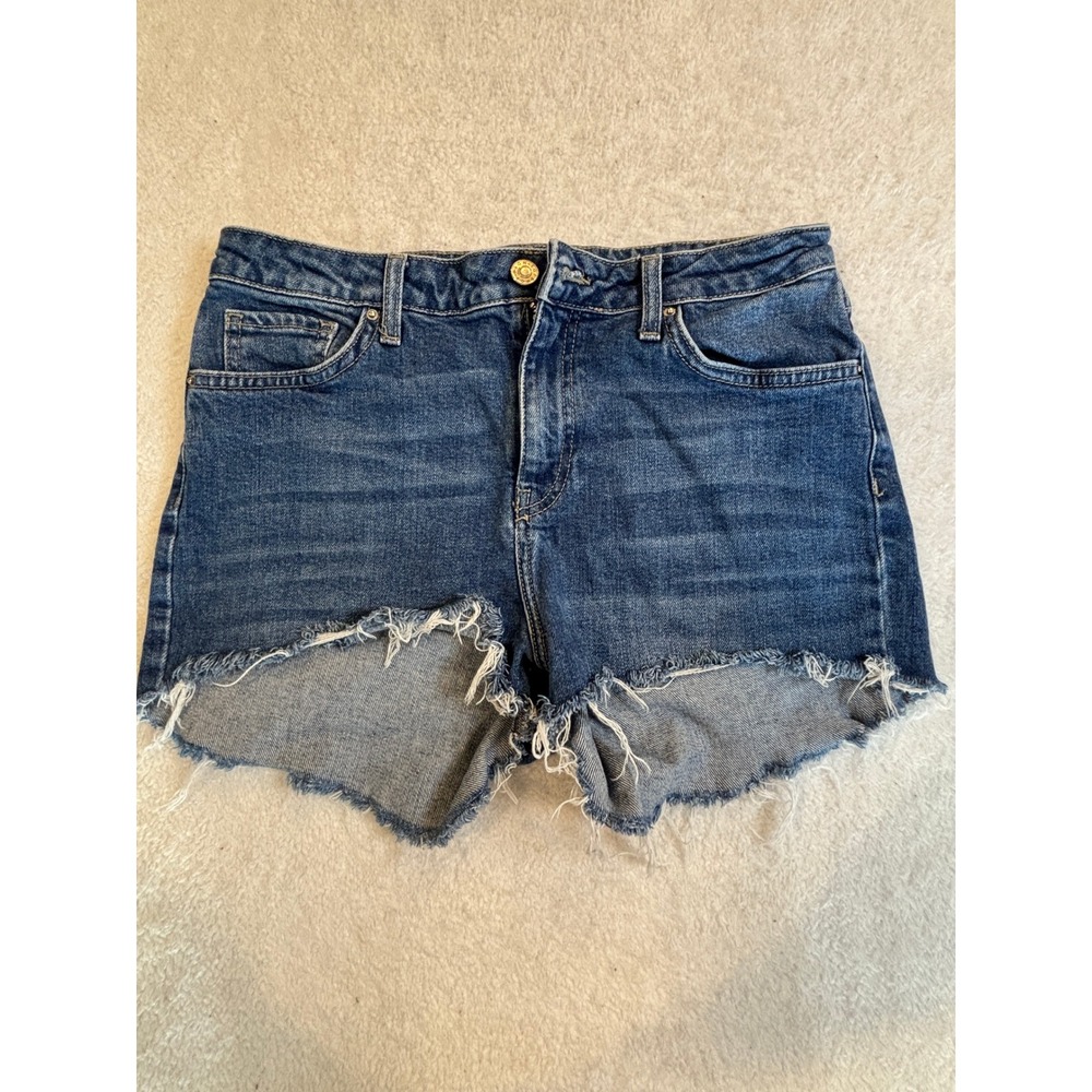 Topshop Moto Dree Denim Shorts Medium Wash Raw Hem Cut Offs W30 High Rise